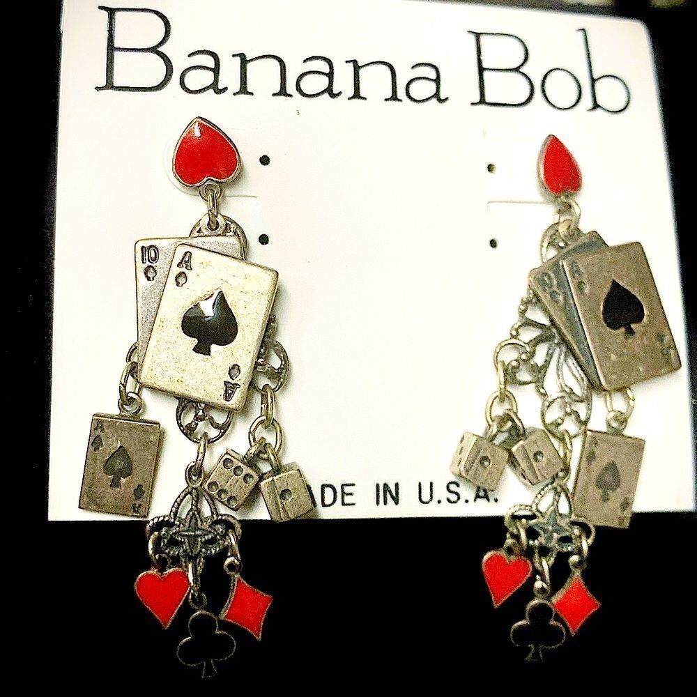 Banana Bob Card Players Theme Earrings Vegas Gambling Gold Red Black
